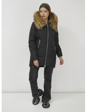 Пуховик женский зимний с мехом енота, чёрный премиум-класса в Тюмени