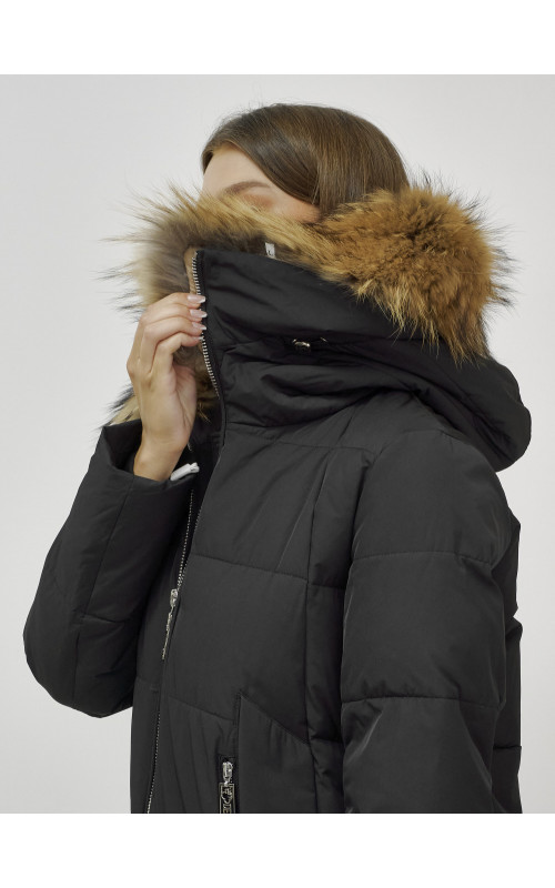 Пуховик женский зимний с мехом енота, чёрный премиум-класса в Тюмени