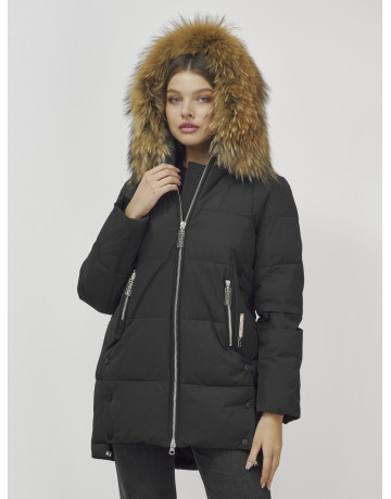 Пуховик женский зимний с мехом енота, чёрный премиум-класса в Тюмени