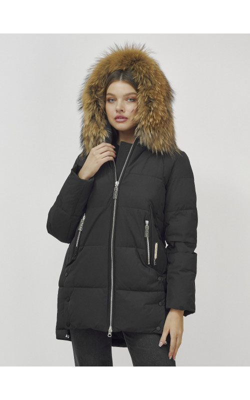Пуховик женский зимний с мехом енота, чёрный премиум-класса в Тюмени