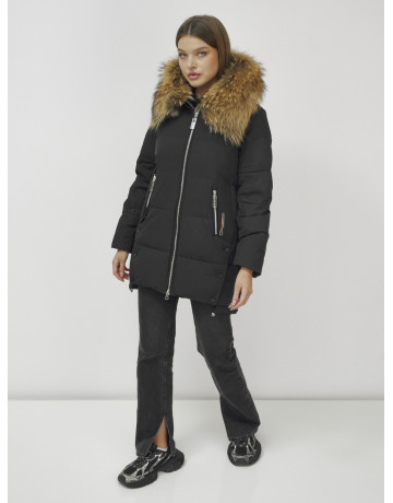 Пуховик женский зимний с мехом енота, чёрный премиум-класса в Тюмени