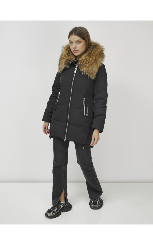 Пуховик женский зимний с мехом енота, чёрный премиум-класса в Тюмени