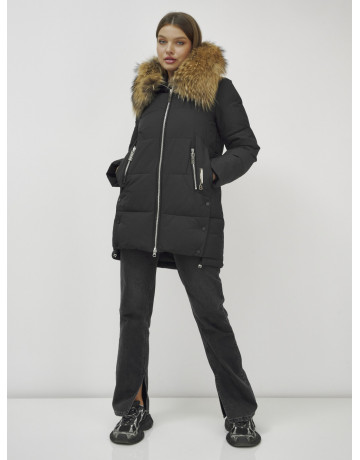 Пуховик женский зимний с мехом енота, чёрный премиум-класса в Тюмени