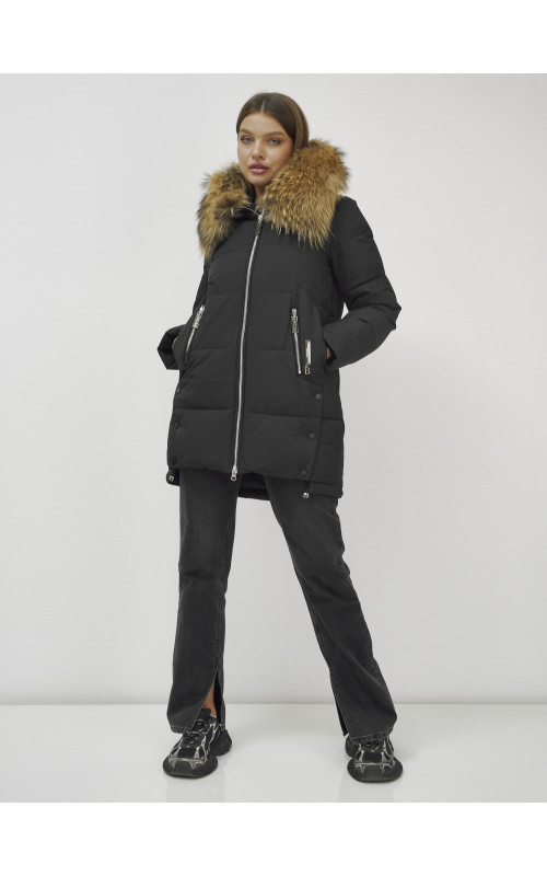 Пуховик женский зимний с мехом енота, чёрный премиум-класса в Тюмени
