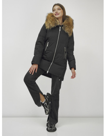 Пуховик женский зимний с мехом енота, чёрный премиум-класса в Тюмени