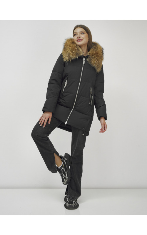 Пуховик женский зимний с мехом енота, чёрный премиум-класса в Тюмени