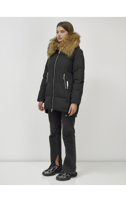 Пуховик женский зимний с мехом енота, чёрный премиум-класса в Тюмени