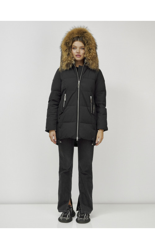 Пуховик женский зимний с мехом енота, чёрный премиум-класса в Тюмени