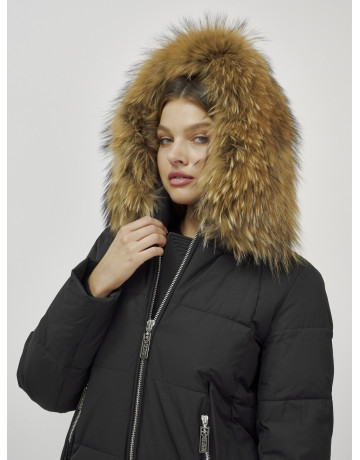 Пуховик женский зимний с мехом енота, чёрный премиум-класса в Тюмени