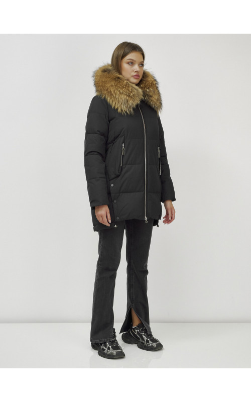 Пуховик женский зимний с мехом енота, чёрный премиум-класса в Тюмени