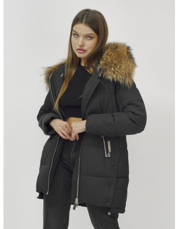 Пуховик женский зимний с мехом енота, чёрный премиум-класса в Тюмени