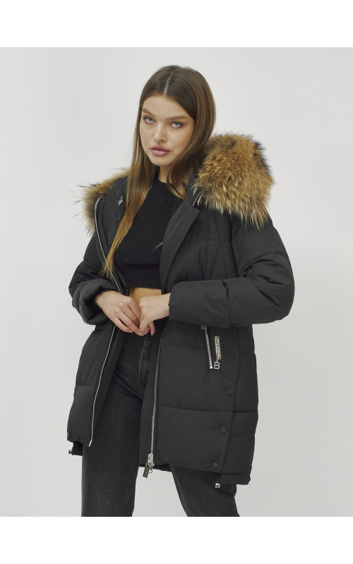 Пуховик женский зимний с мехом енота, чёрный премиум-класса в Тюмени