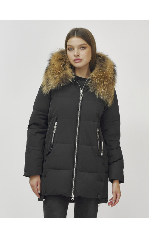 Пуховик женский зимний с мехом енота, чёрный премиум-класса в Тюмени