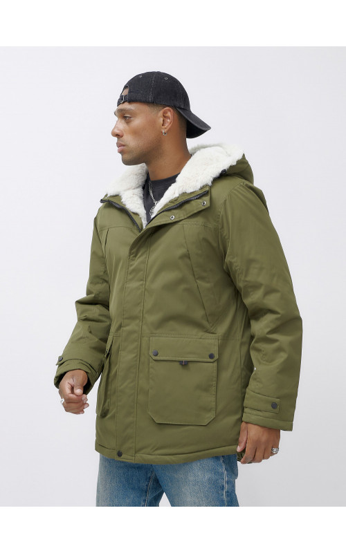 Мужская зимняя парка удлинённая с мехом, хаки, для активного отдыха в Тюмени
