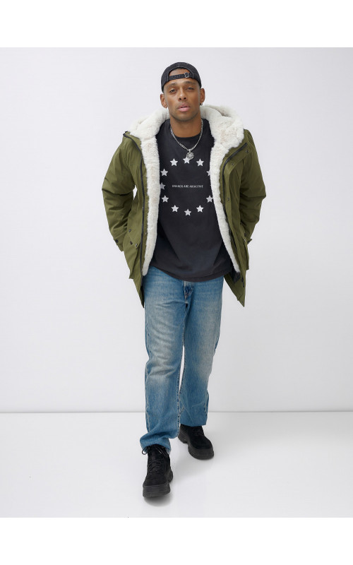 Мужская зимняя парка удлинённая с мехом, хаки, для активного отдыха в Тюмени