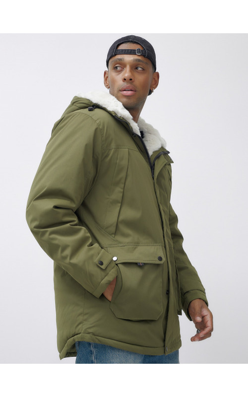Мужская зимняя парка удлинённая с мехом, хаки, для активного отдыха в Тюмени