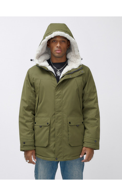 Мужская зимняя парка удлинённая с мехом, хаки, для активного отдыха в Тюмени