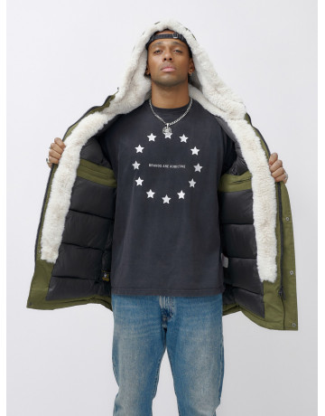 Мужская зимняя парка удлинённая с мехом, хаки, для активного отдыха в Тюмени