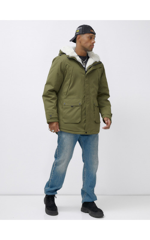 Мужская зимняя парка удлинённая с мехом, хаки, для активного отдыха в Тюмени