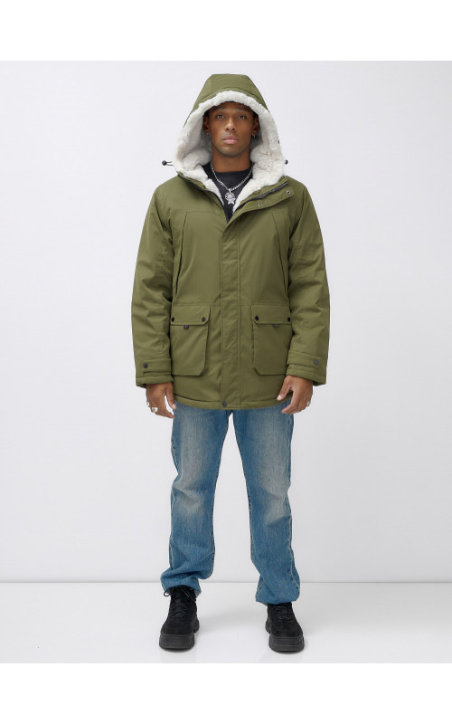 Мужская зимняя парка удлинённая с мехом, хаки, для активного отдыха в Тюмени