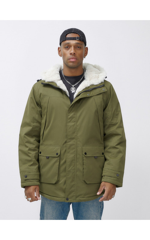 Мужская зимняя парка удлинённая с мехом, хаки, для активного отдыха в Тюмени