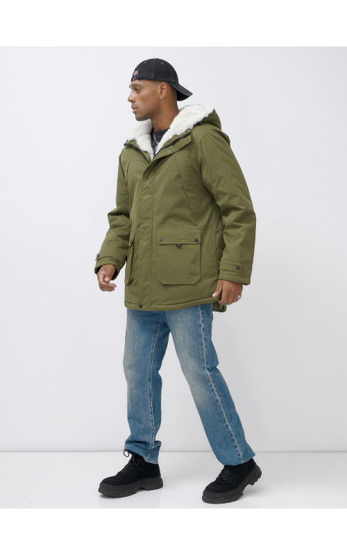 Мужская зимняя парка удлинённая с мехом, хаки, для активного отдыха в Тюмени