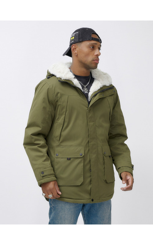 Мужская зимняя парка удлинённая с мехом, хаки, для активного отдыха в Тюмени