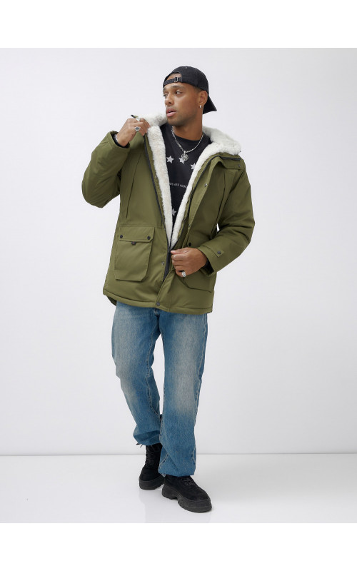 Мужская зимняя парка удлинённая с мехом, хаки, для активного отдыха в Тюмени