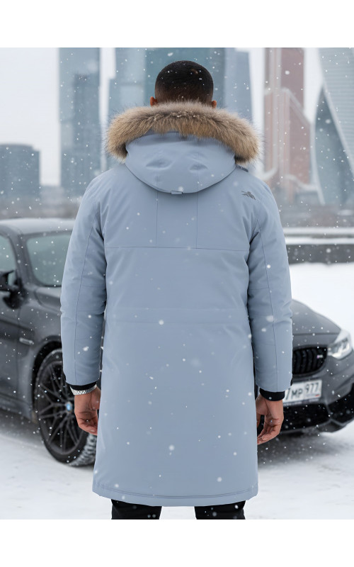 Мужская зимняя парка с капюшоном и мехом енот, синего цвета, для активного отдыха в Тюмени
