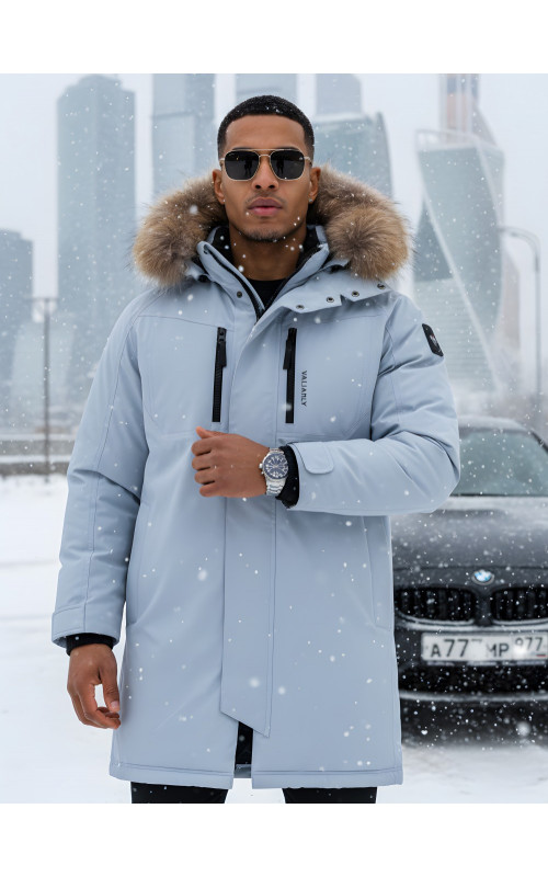Мужская зимняя парка с капюшоном и мехом енот, синего цвета, для активного отдыха в Тюмени