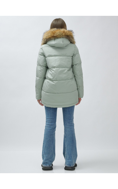Пуховик женский зимний с мехом енот премиум, зелёный в Тюмени