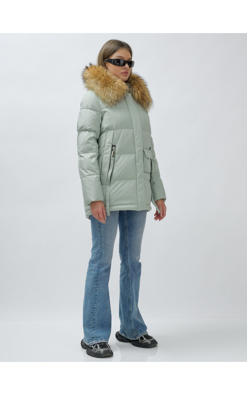 Пуховик женский зимний с мехом енот премиум, зелёный в Тюмени