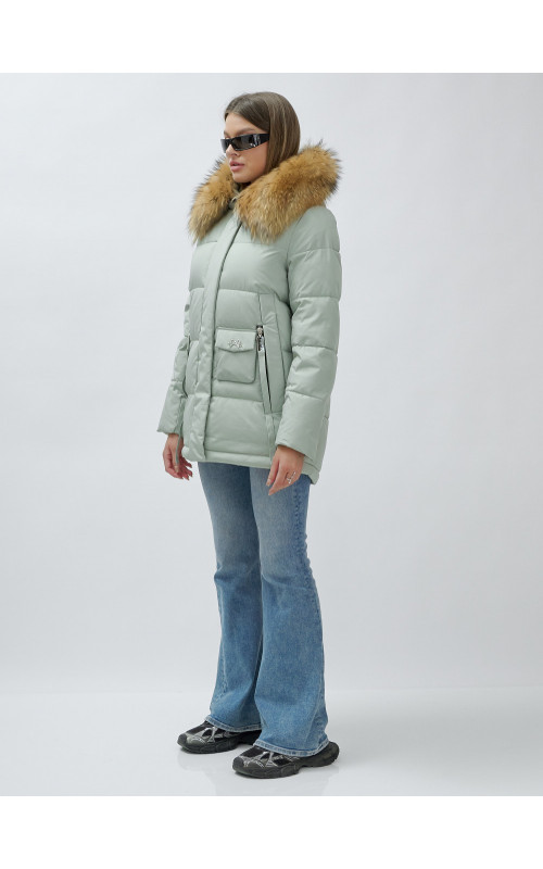 Пуховик женский зимний с мехом енот премиум, зелёный в Тюмени