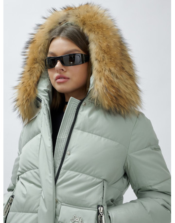 Пуховик женский зимний с мехом енот премиум, зелёный в Тюмени