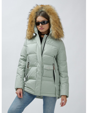 Пуховик женский зимний с мехом енот премиум, зелёный в Тюмени