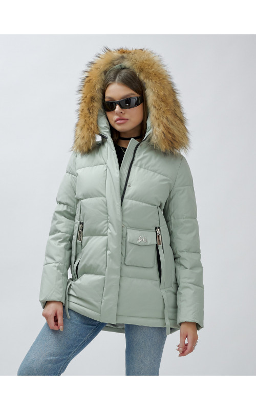 Пуховик женский зимний с мехом енот премиум, зелёный в Тюмени