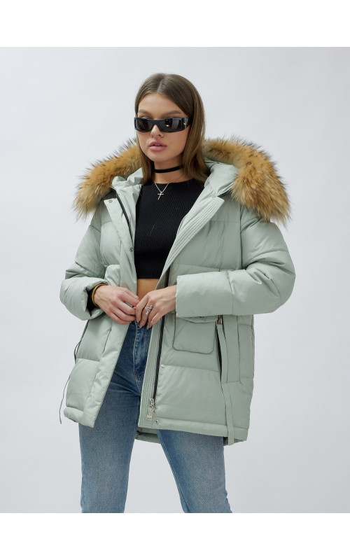 Пуховик женский зимний с мехом енот премиум, зелёный в Тюмени