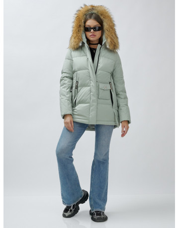 Пуховик женский зимний с мехом енот премиум, зелёный в Тюмени