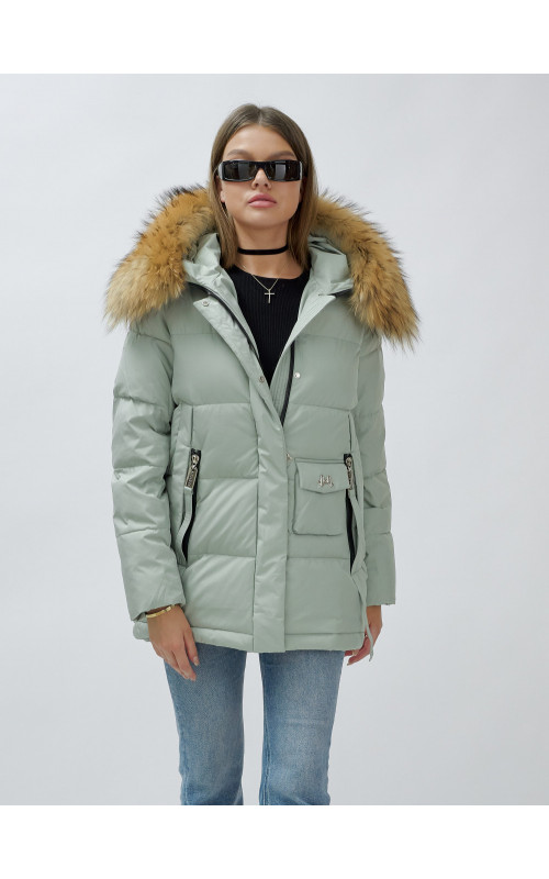 Пуховик женский зимний с мехом енот премиум, зелёный в Тюмени