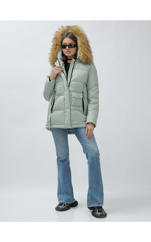 Пуховик женский зимний с мехом енот премиум, зелёный в Тюмени