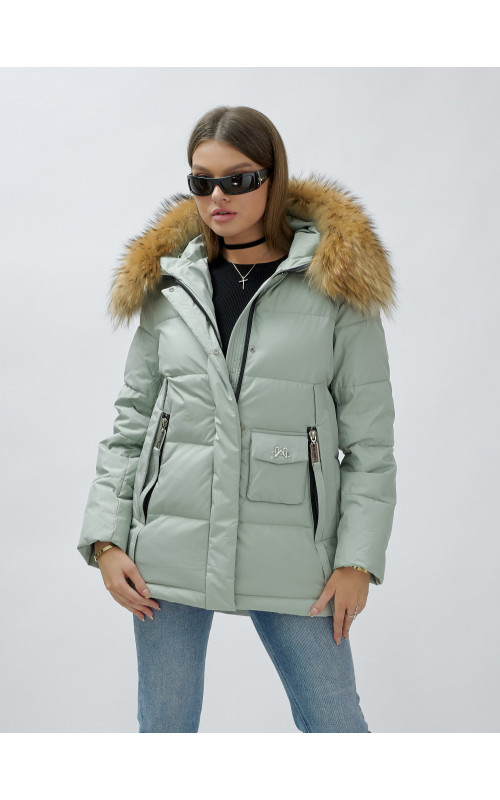 Пуховик женский зимний с мехом енот премиум, зелёный в Тюмени