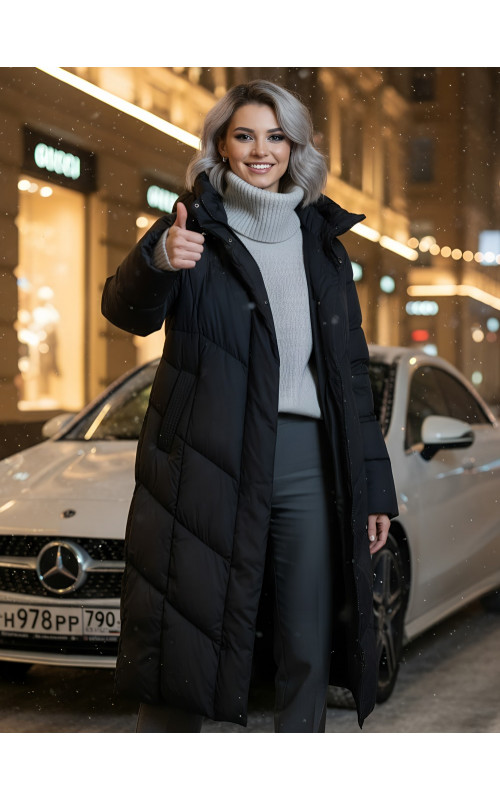 Длинный женский пуховик с капюшоном для зимы