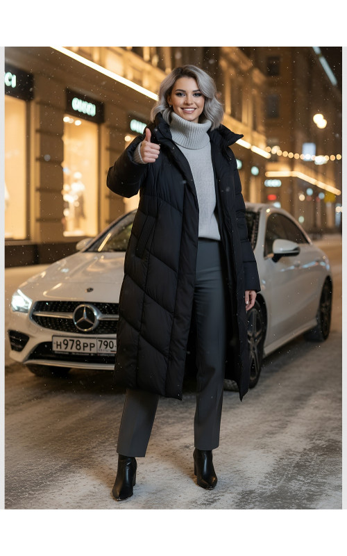 Длинный женский пуховик с капюшоном для зимы