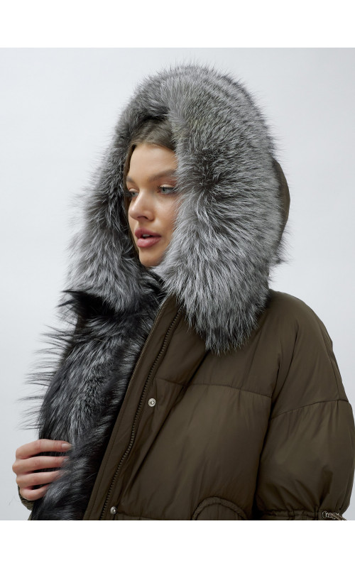 Пуховик женский коричневый с чернобуркой в Тюмени