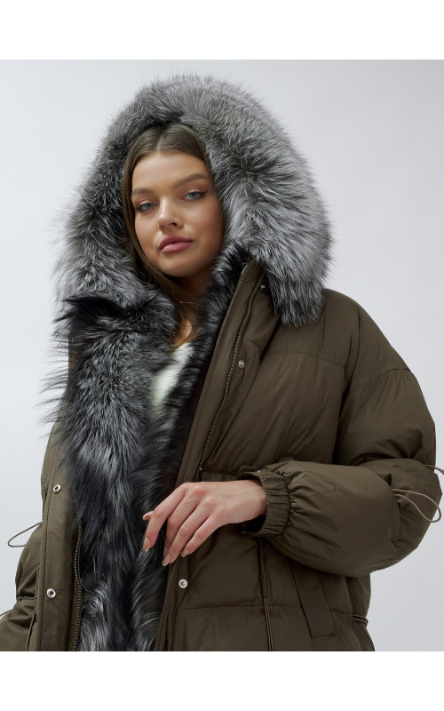 Пуховик женский коричневый с чернобуркой в Тюмени