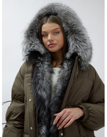 Пуховик женский коричневый с чернобуркой в Тюмени