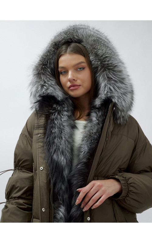 Пуховик женский коричневый с чернобуркой в Тюмени