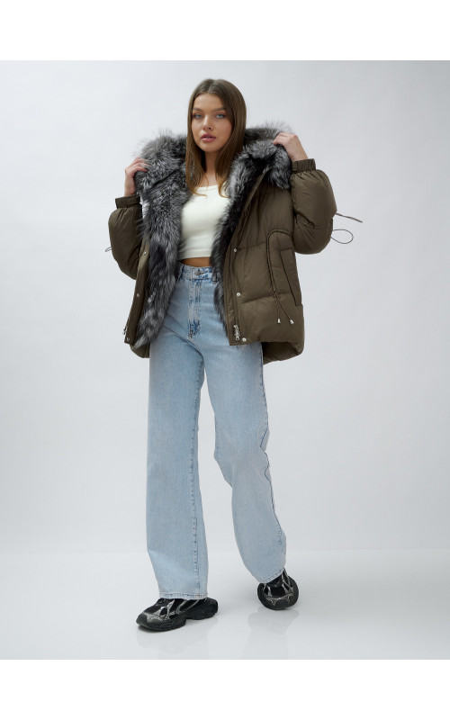 Пуховик женский коричневый с чернобуркой в Тюмени