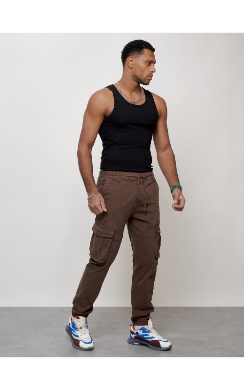 Мужские брюки карго коричневого цвета с накладными карманами в Тюмени