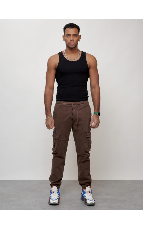 Мужские брюки карго коричневого цвета с накладными карманами в Тюмени